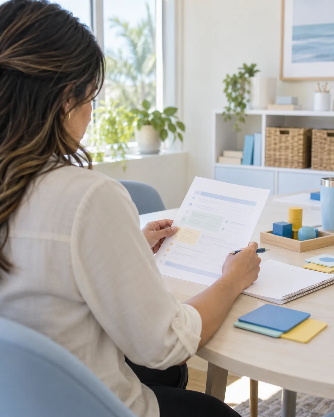 A behavioral clinician reviewing an individualized care plan in a calm office