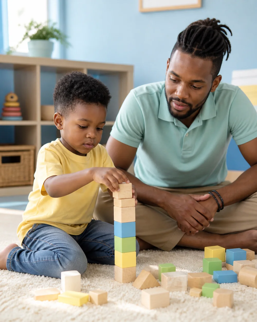 A young child stacking blocks during an early intervention session